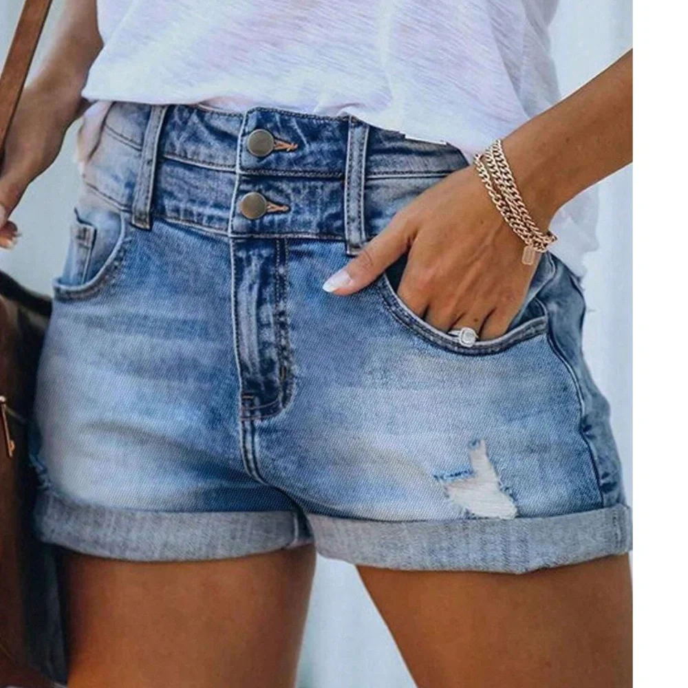 Light Wash Distressed Cuff Double Button Fly Denim Jean Shorts